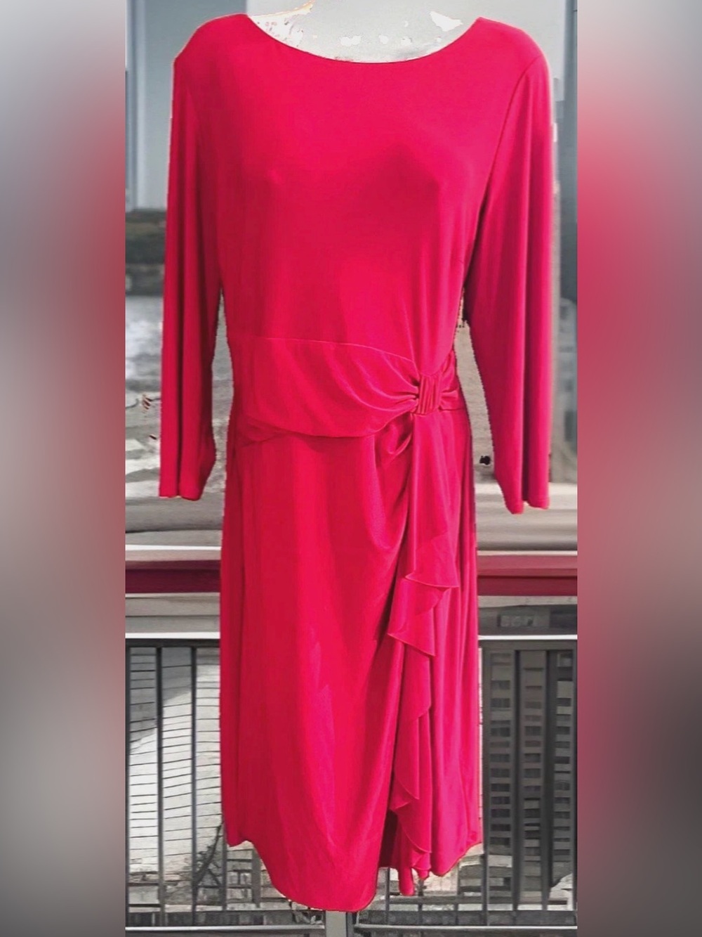 ♥️CHAPS♥️ BOAT NECK 3/4 SLEEVE SASH SIDE WATERFALL RUFFLE LIQUID KNIT DRESS